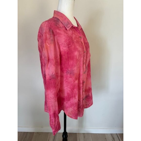 PILCRO Pink Watercolor Tie Dye Floral Embroidered Button Down Shirt Size Small - Picture 5 of 9